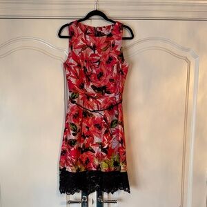 Elegant Pink Floral Dress with Black Lace Trim